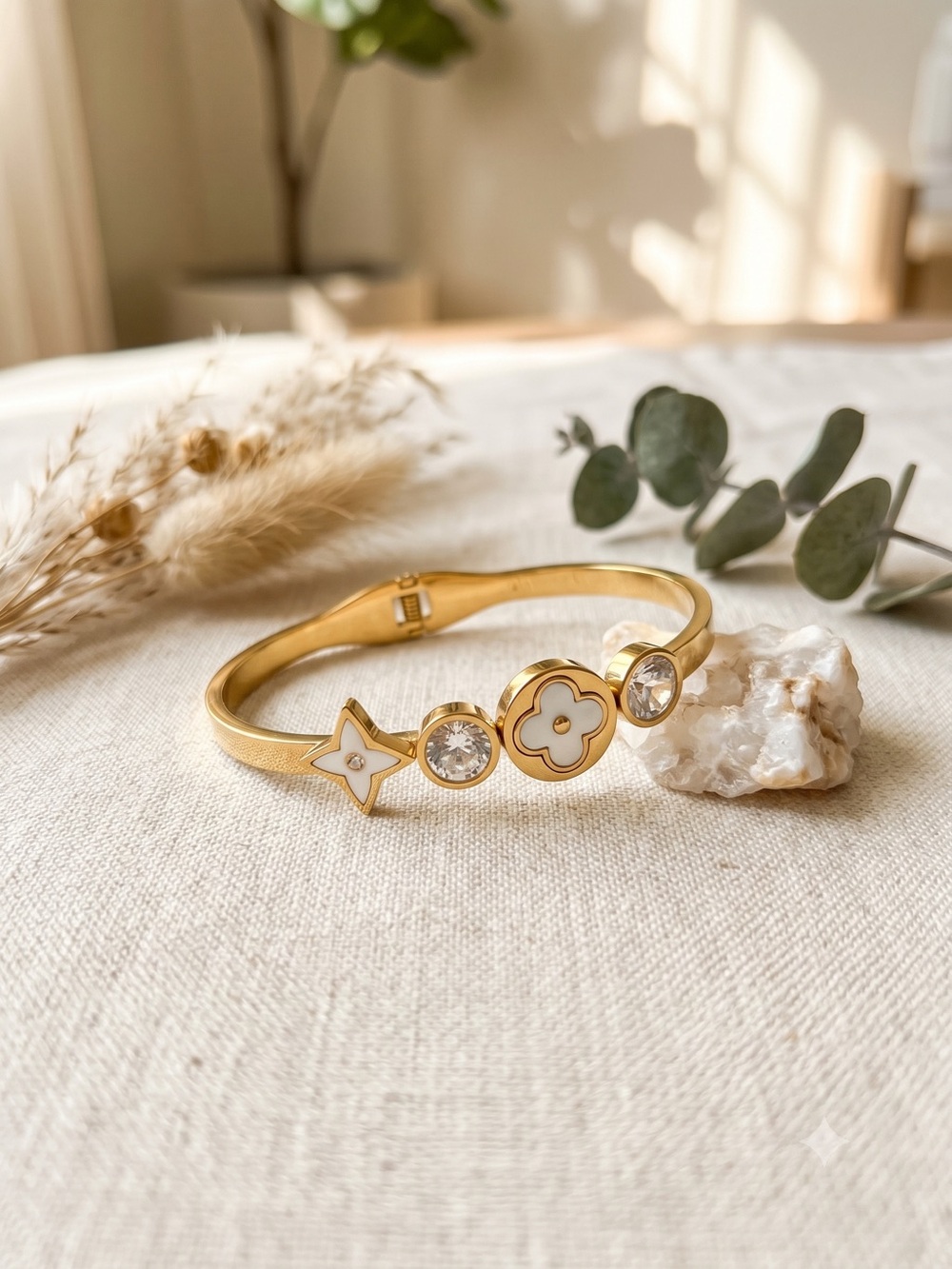 Gold-Tone White Enamel Floral Motif Bracelet